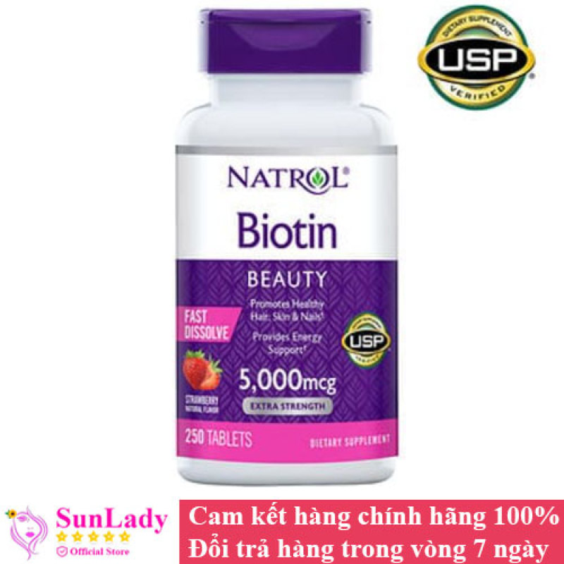 Viên Ngậm Hỗ Trợ Mọc Tóc Natrol Biotin 5000mcg Extra Strength Fast Dissolve 250 Viên  vị dâu của Mỹ