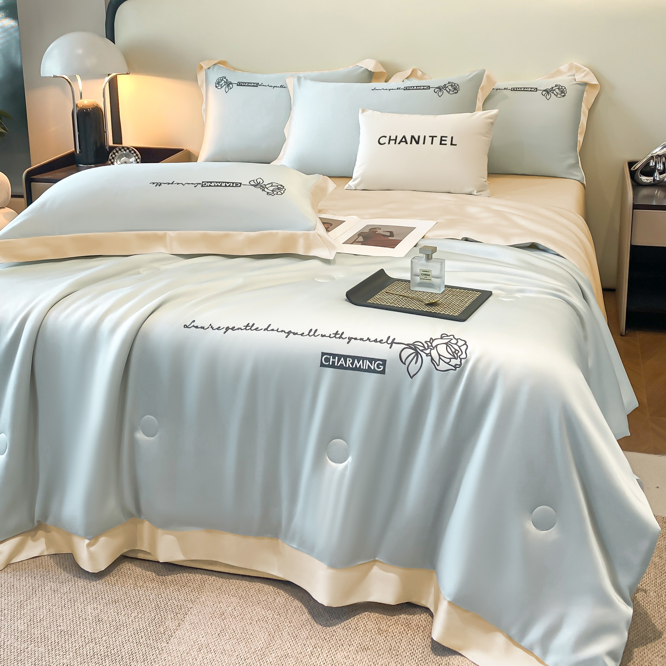 SET 4 MÓN CHĂN CHẦN HÈ+ GA GỐI PHI LỤA THÊU HOA PHỐI VIỀN NHẬP KHẨU CHIIBEDDING