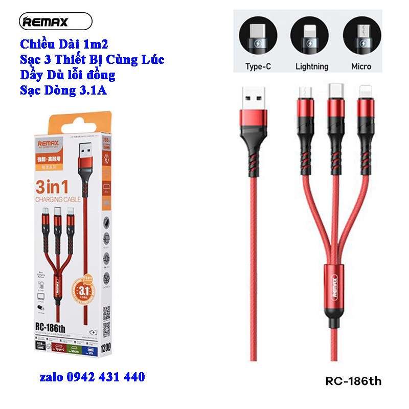 Cáp Sạc Remax 3 Đầu RC-186TH LIGHNING - MICRO USB - TYPE C Dây Dù