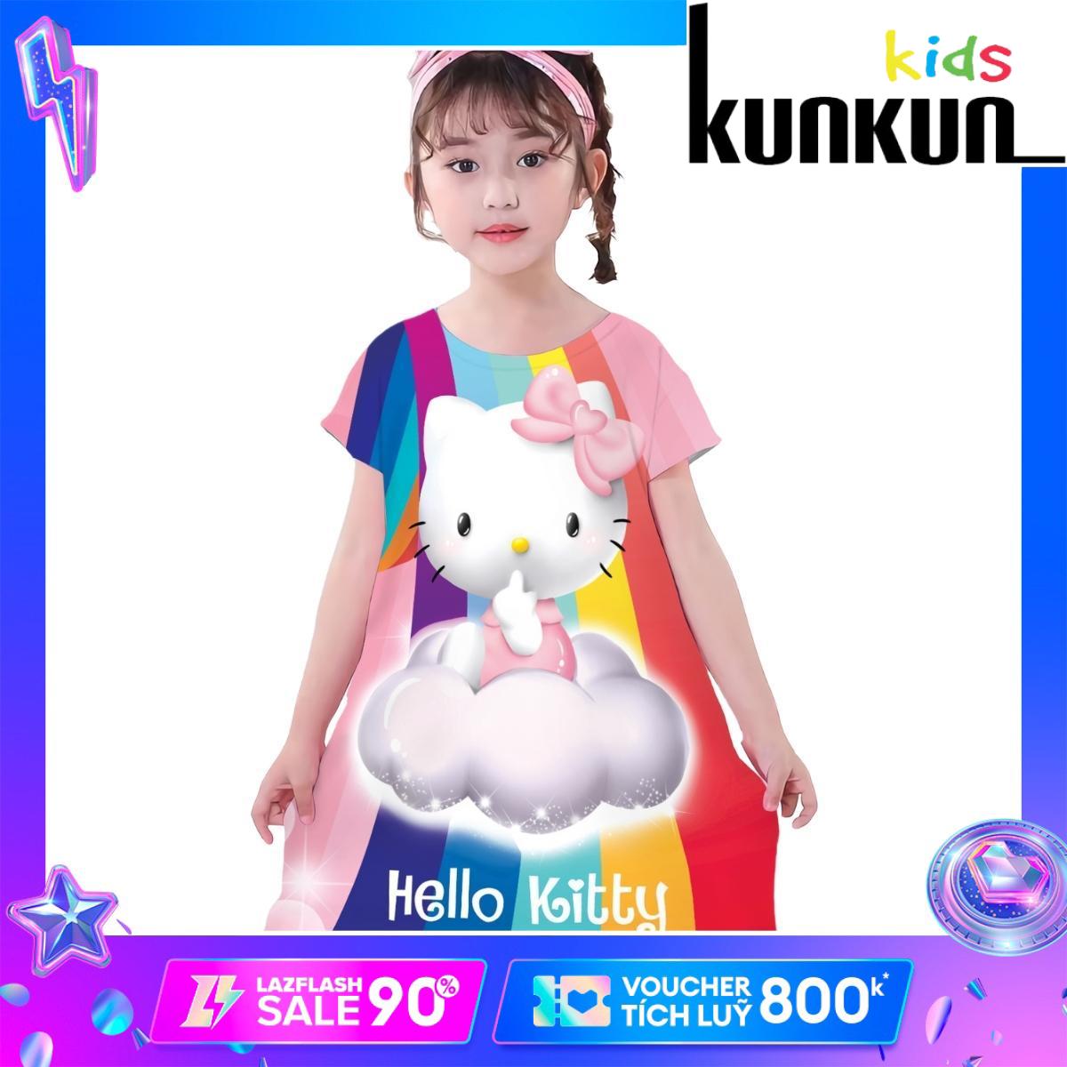 Váy bé gái thun lạnh in 3d mèo hello kitty Kunkun Kid D941