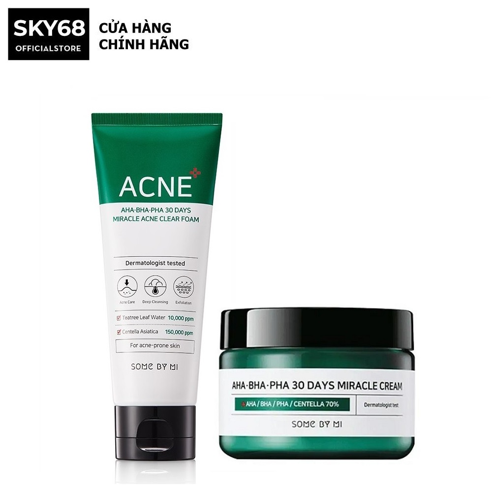 Combo 2 Sản Phẩm Giảm Mụn, Làm Sạch Và Điều Tiết Bã Nhờn Some By Mi AHA-BHA-PHA 30 Days Miracle ( SRM Acne 100ml + Kem 50ml )