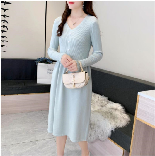 VÁY LEN QUẢNG CHÂU DÁNG DÀI cổ V DÀI TAY (FREESIZE 45kg-58kg)