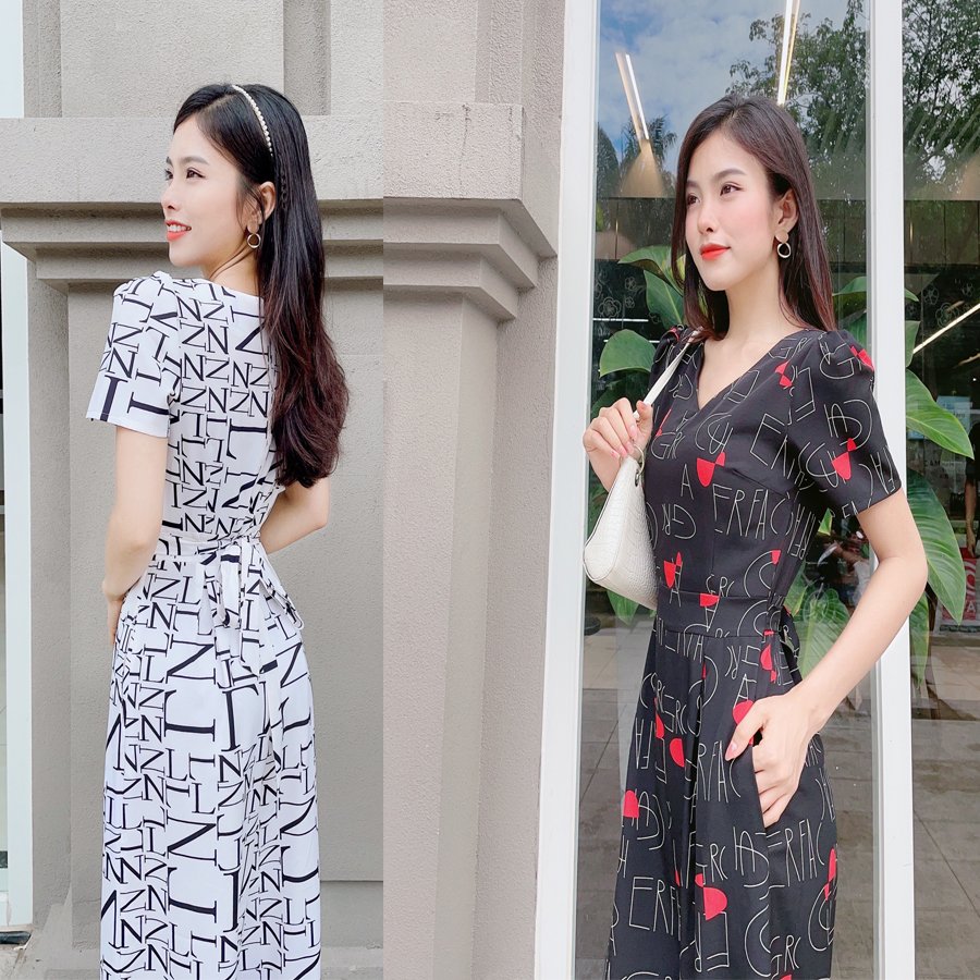 Jumpsuit  Lụa  họa tiết chữ- D013