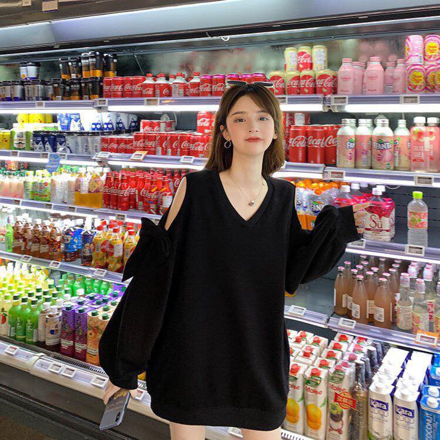 SUA004 Áo sweater thun cổ V đen trắng tay bồng khoét vai nơ babydoll cute thu đông thời trang nữ tính bánh bèo tiểu thư