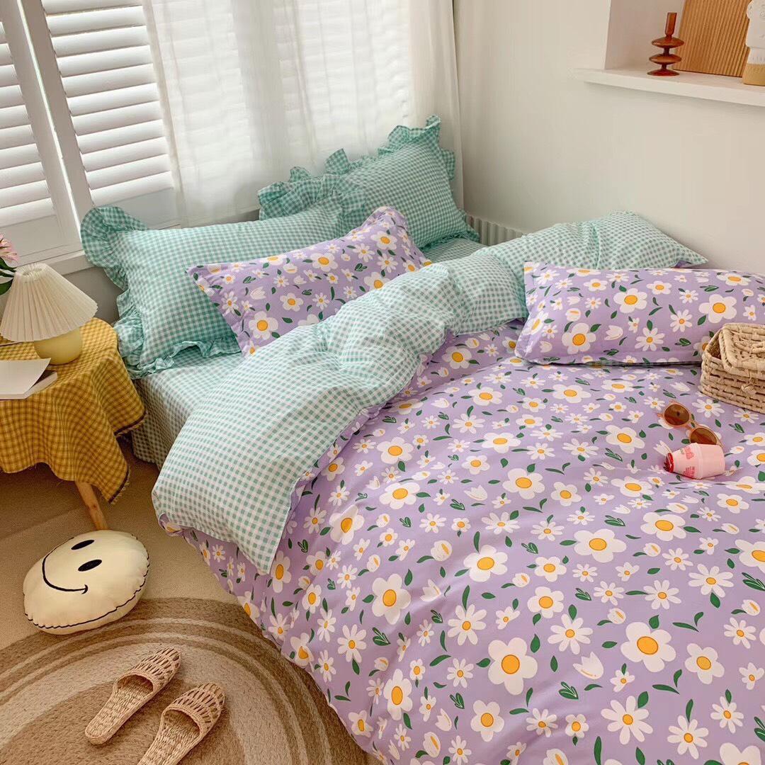 Trọn Bộ 4 Món Chăn Ga Gối Cotton Poly Nhập Mẫu HOA TÍM MỘNG MƠ
