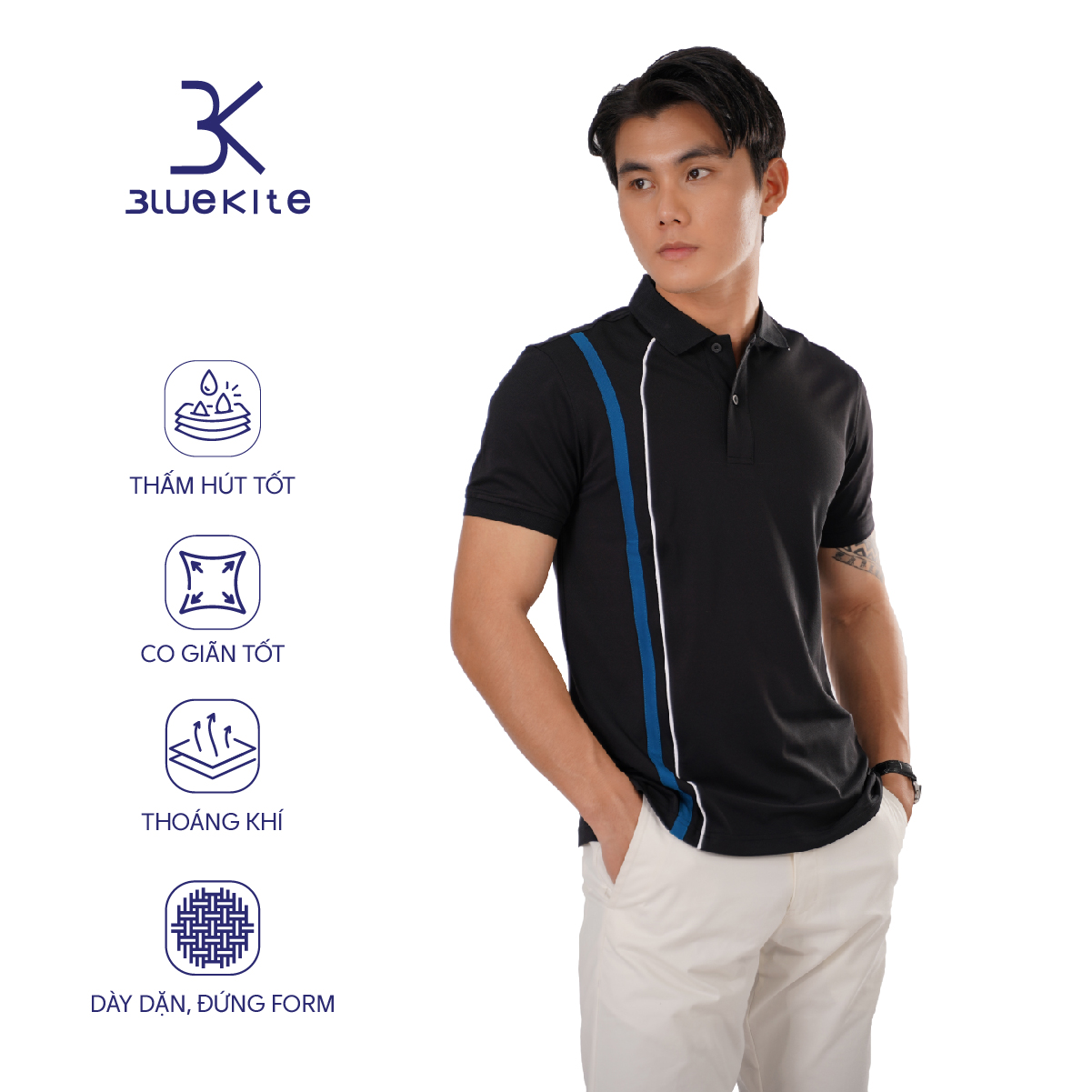 Áo thun polo nam Milvus BKP093m (Đen/Xanh/Trắng)