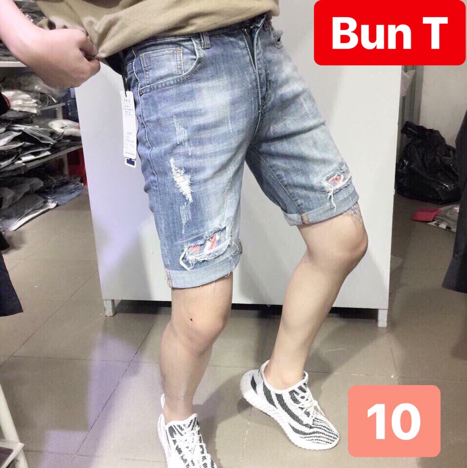 QUẦN SHORT SỌT LỬNG JEAN NAM CHẤT BÒ XANH NHẠT RÁCH WASH CO GIÃN NHẸ THÁI LAN T&T-10 TRANG BUN FASHION