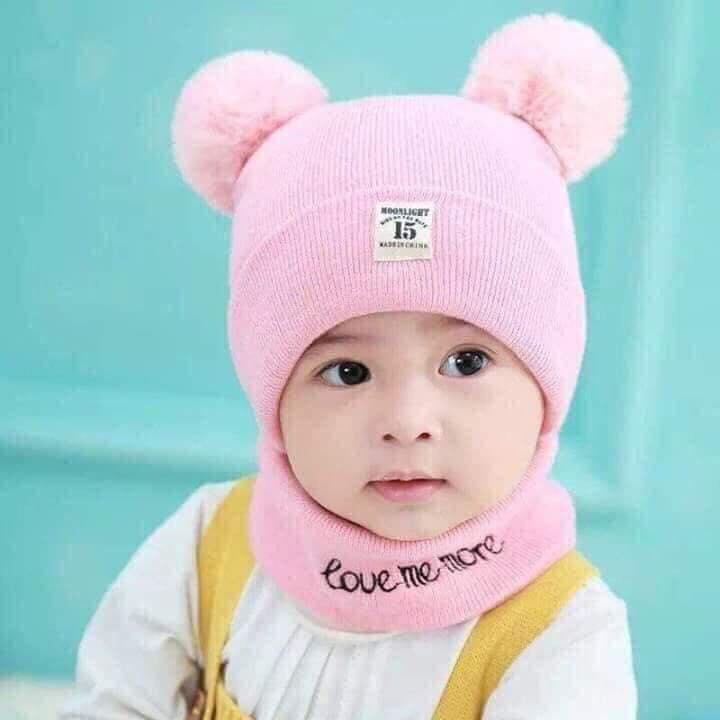 Bộ khăn mũ len hai quả bông cho bé