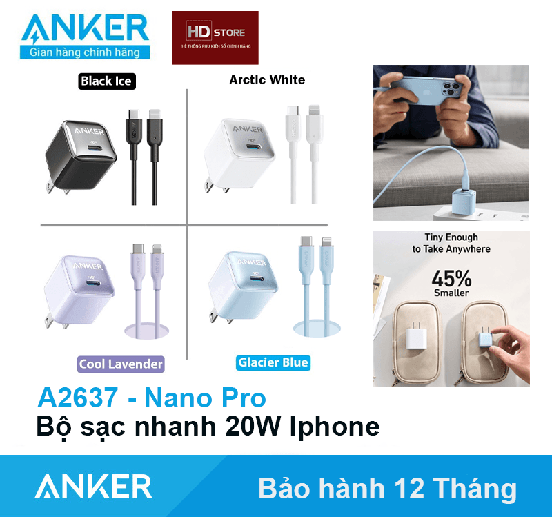 Bộ sạc nhanh 20W Anker Củ Nano Pro 511 - A2637 Đen + Cáp PowerLine II USB