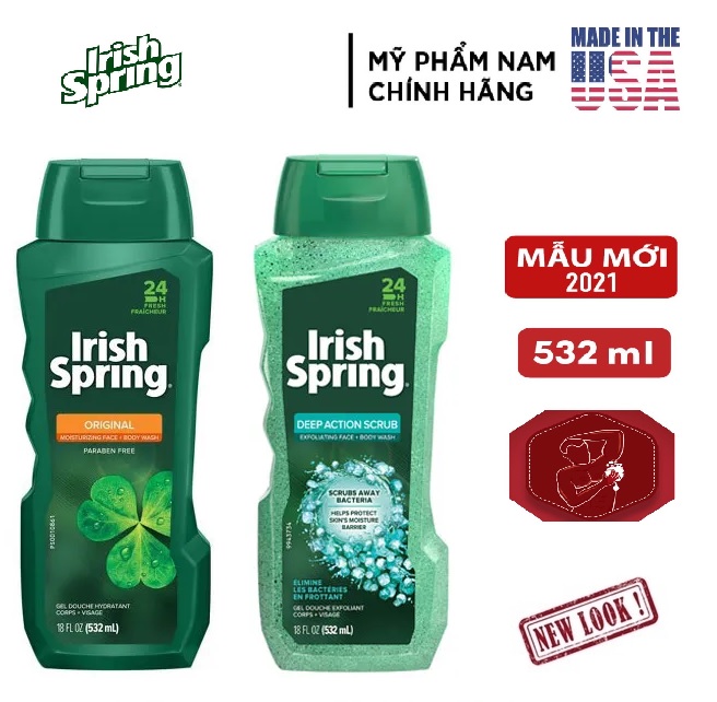 [USA] Sữa Tắm nam Irish Spring Deep Action Scrub 532ml có hạt matxa - Mỹ