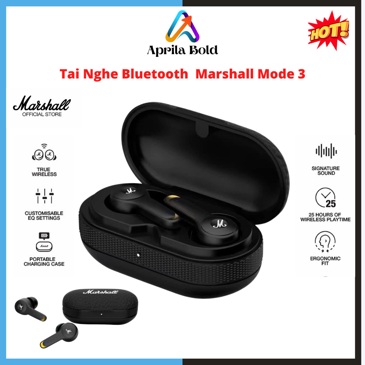 Tai Nghe Không Dây  Marshall Mode 3  , Tai Nghe Bluetooth True Wireless Marshall Mode 3 , Kết Nối Bluetooth 5.1 , Âm bass mạnh mẽ, Chống ồn ANC, Chuẩn âm thanh,kháng nước tốt,chuẩn chống nước IPX5 , Tích Hợp Android & IOS .