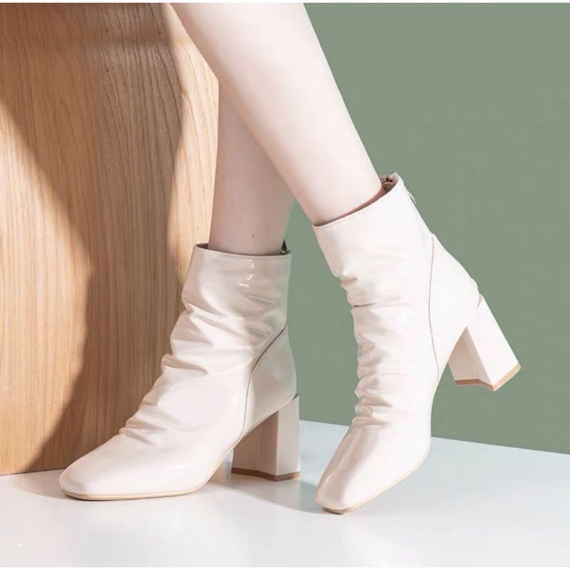 Boots nhăn đế trụ da bóng thời trang nữ