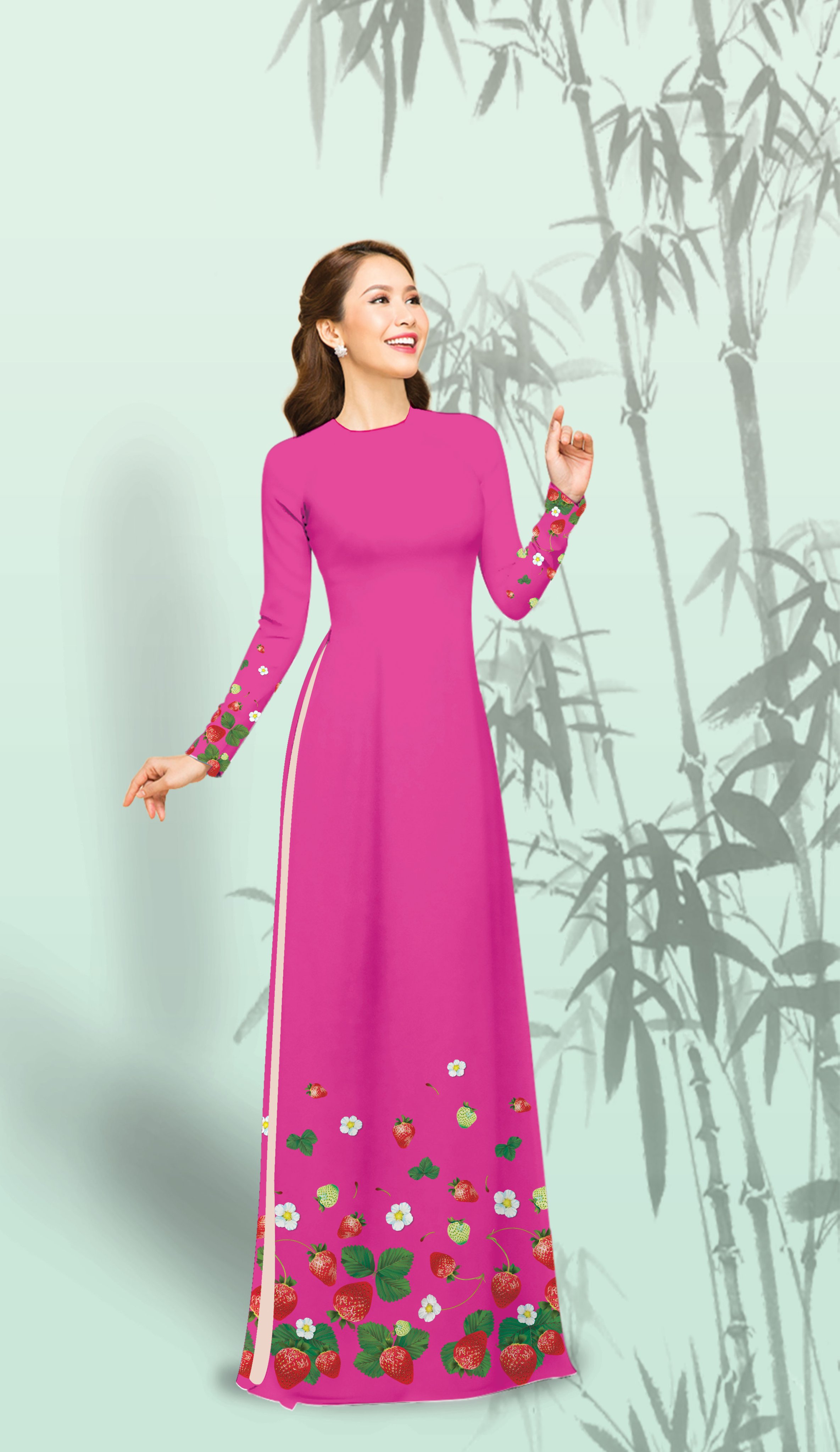 Áo dài truyền thống in dâu tây cao cấp - không kèm quần