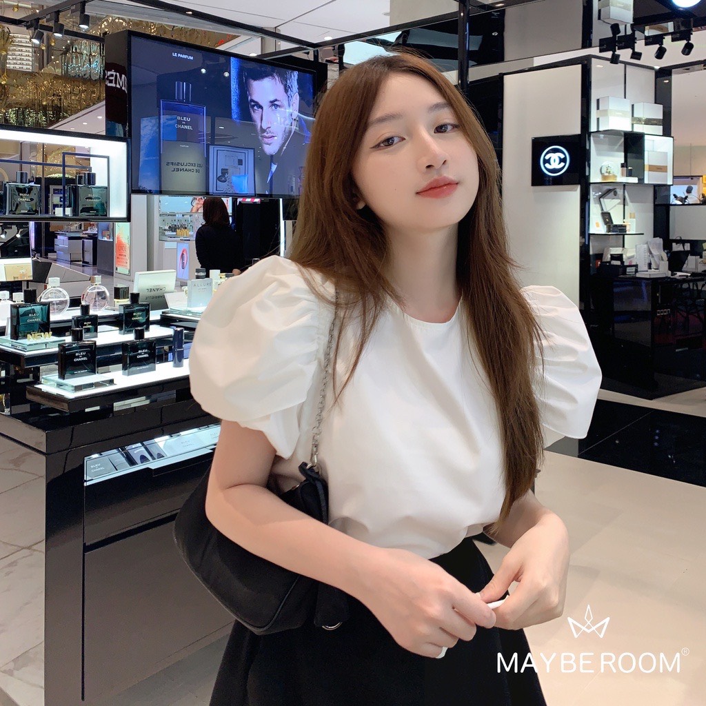 Áo sơ mi cổ tròn Tay bồng Macaron Mayberoom