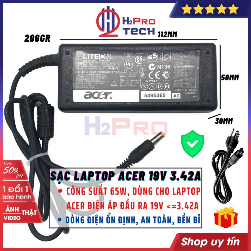 Sạc laptop acer 19v 3.42a chân kim cao cấp tặng kèm dây nguồn xịn, adapter acer 19v 3.42a hàng hãng - h2pro tech