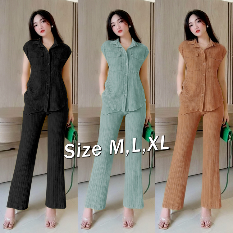 Sét bộ lụa xốp quần dài ống suông áo sơ mi 2 túi xinh xắn