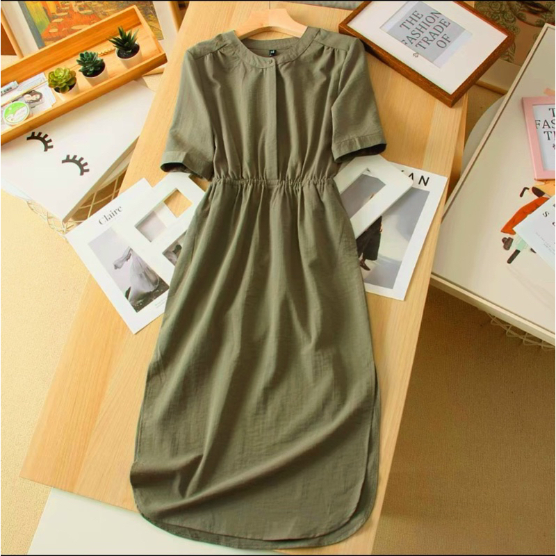 Đầm cổ trụ rêu thắt eo