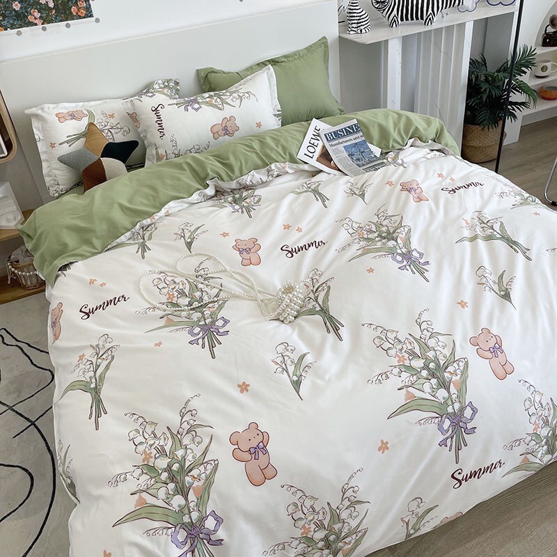 Bộ chăn ga gối cotton poly - Mẫu chùm hoa xanh