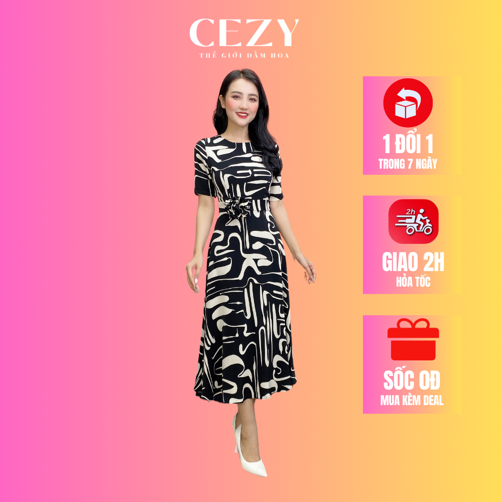 Đầm hoa bigsize 45kg-80kg CEZY cổ tròn dáng dài có lót chất Mango cao cấp D232