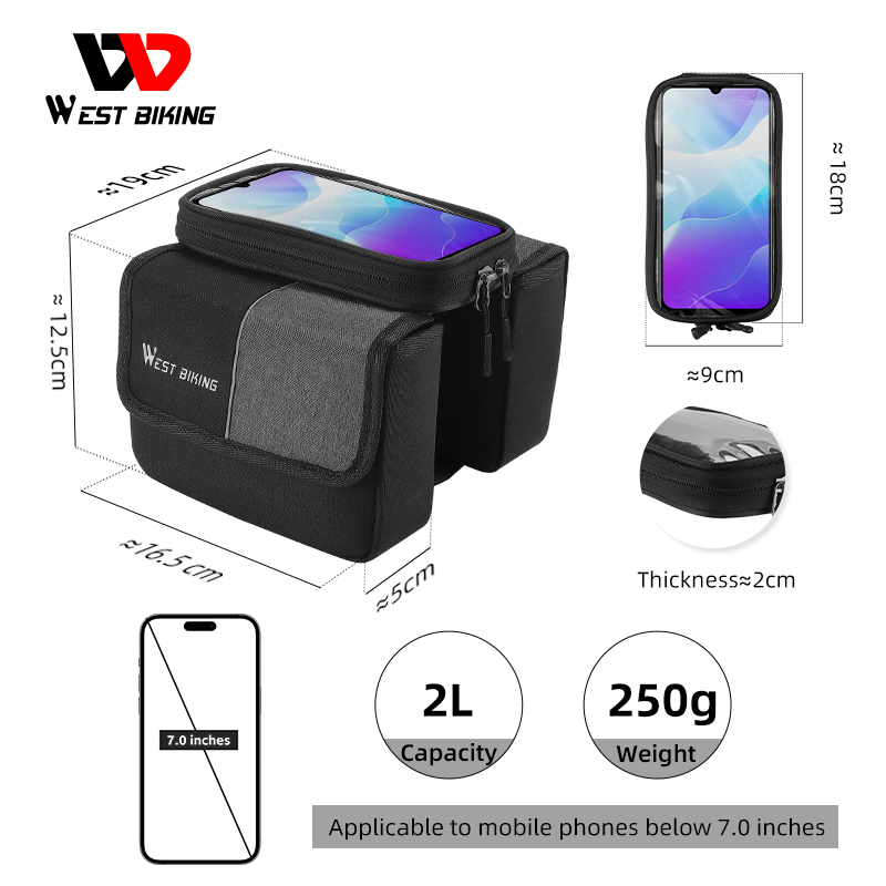 WEST BIKING 1.4L Bicycle Bag 6.9 inch waterproof bike bag Touch screen phone bag Bicycle top tube bag Cycling Bags Bicycle accessories