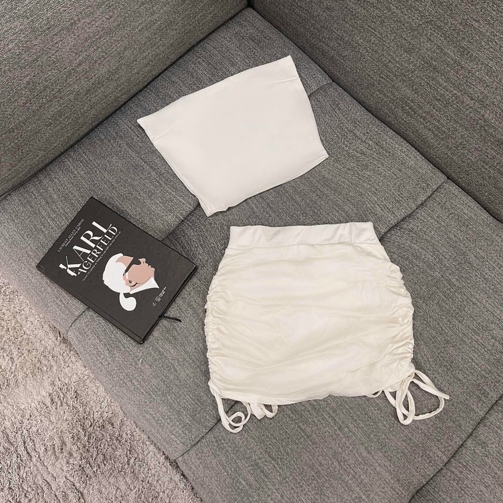 Set Chân Váy Rút Dây Lụa Và Áo Ống Borip S045 - Đen