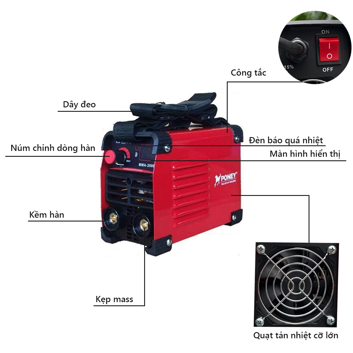 Máy hàn mini, máy hàn điện tử, hàn que PONEY 200A hàn kéo que 3.2 li đầy đủ bộ phụ kiện, bù hồ quang, hàn được que inox, công nghệ IGBT
