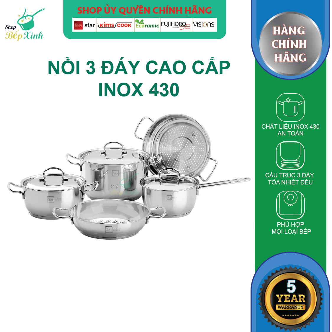Bộ nồi xửng chảo quánh inox 430 cao cấp FiveStar 5 chiếc nắp inox , 3 đáy bếp từ ( quánh 18cm x 1 nồi 20cm x 1 nồi 24cm x 1 chảo caro 24cm x xửng 24cm )