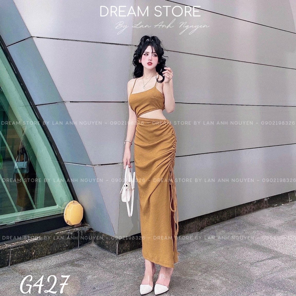 Đầm 2 dây body xẻ tà rút dây kiểu hở eo quyến rũ chất liệu thun gân G427