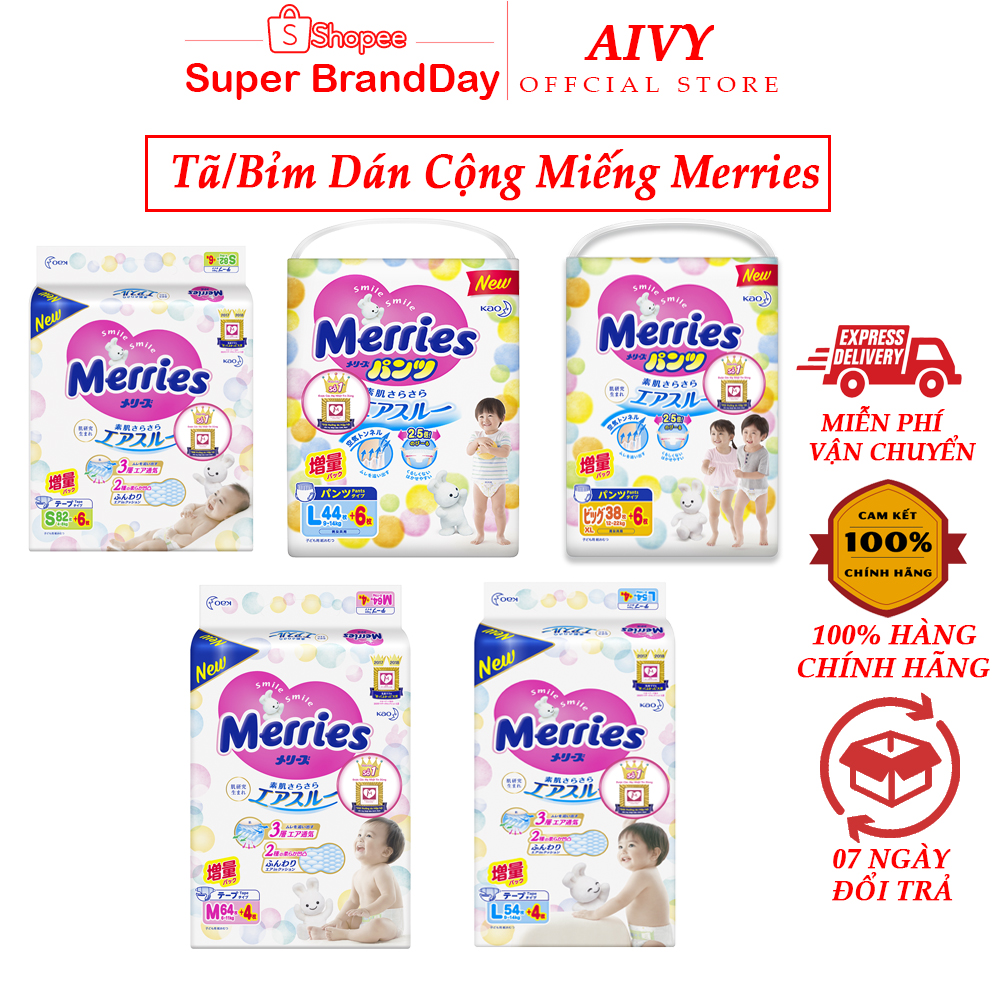 Bỉm Merries Cộng Miếng Đủ Size