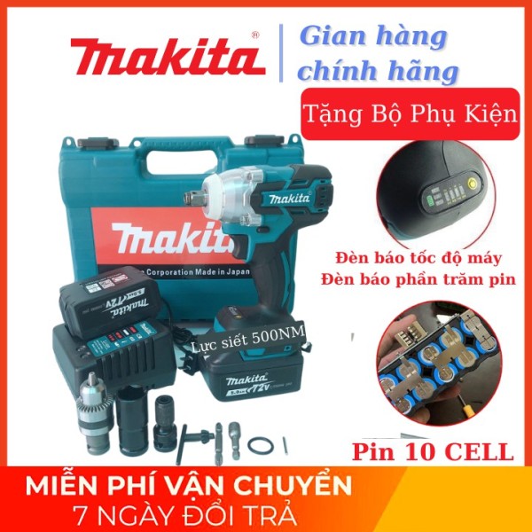 Máy siết bulong Makita 72v, 2 pin, đầu 2 trong 1, 100% dây đồng, không chổi than, TẶNG bộ phụ kiện như hình