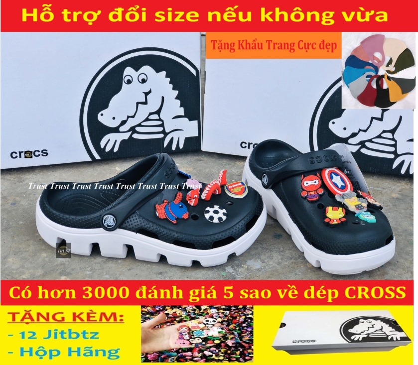 Dép sục Crocs duet quai ngang nam và nữ đen đế trắng, cá tính siêu nhẹ đi mưa đi nắng thoải mái chống trơn trượt, có nhiều lỗ thoát hơi thông thoáng, tặng kèm 12 jitbitz và hộp hãng - có hình thật và video giá rẻ