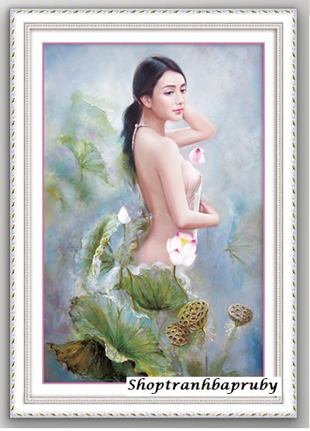 [HCM]Tranh đính đá Nét Đẹp Thiếu Nữ Hoa Sen  LG1326 kích thước 50 x 72 cm