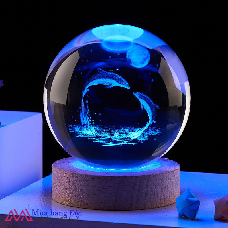 Bộ Quà Tặng Quả Cầu Pha Lê 3D larser LED  cá heo CH03 (tặng đế đèn + hộp quà)