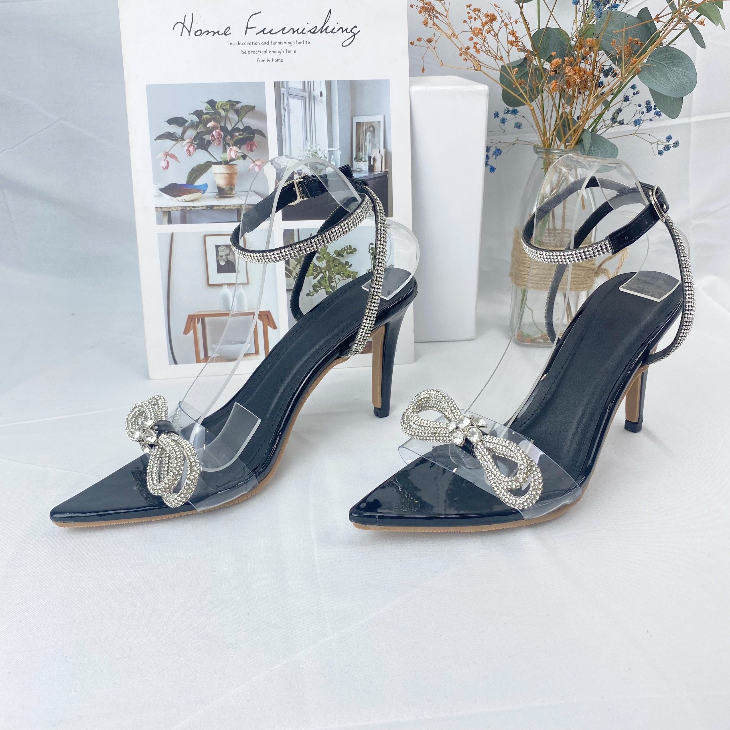 Sandal cao gót nữ mũi nhọn quai ngang mica đính nơ đá sang chảnh, giày cao gót nữ mũi nhọn gót nhọn cao 9p đi tiệc M35