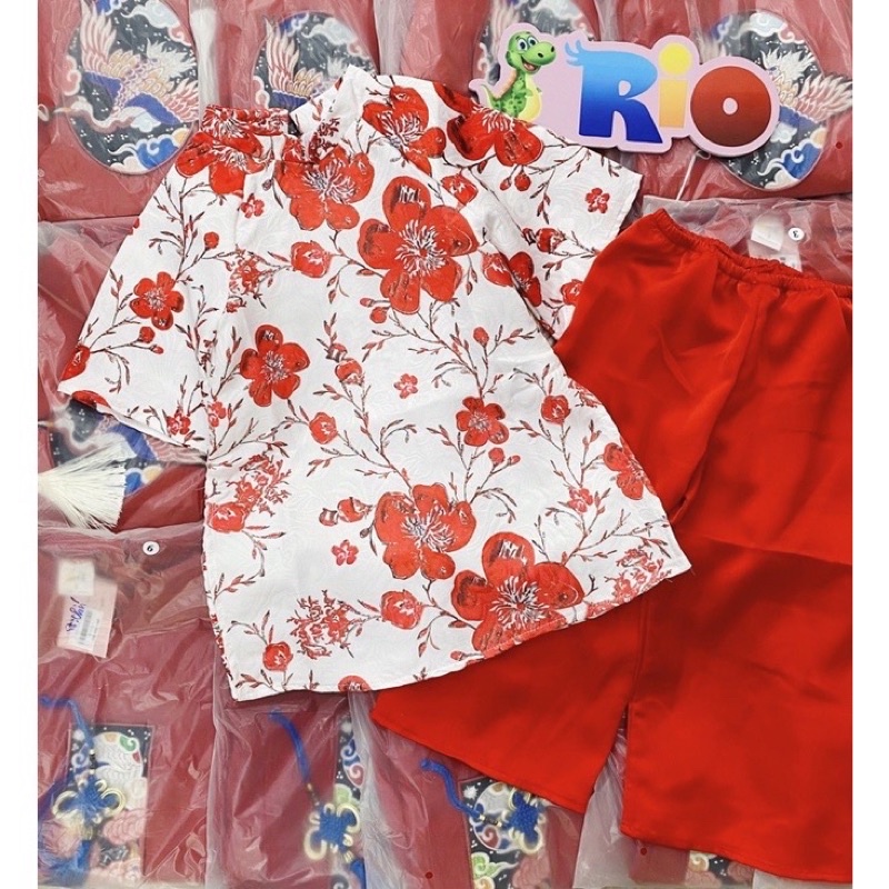 [8-30kg] Áo dài cách tân bé gái hoa mai,áo lụa quần lụa satin kèm mấn