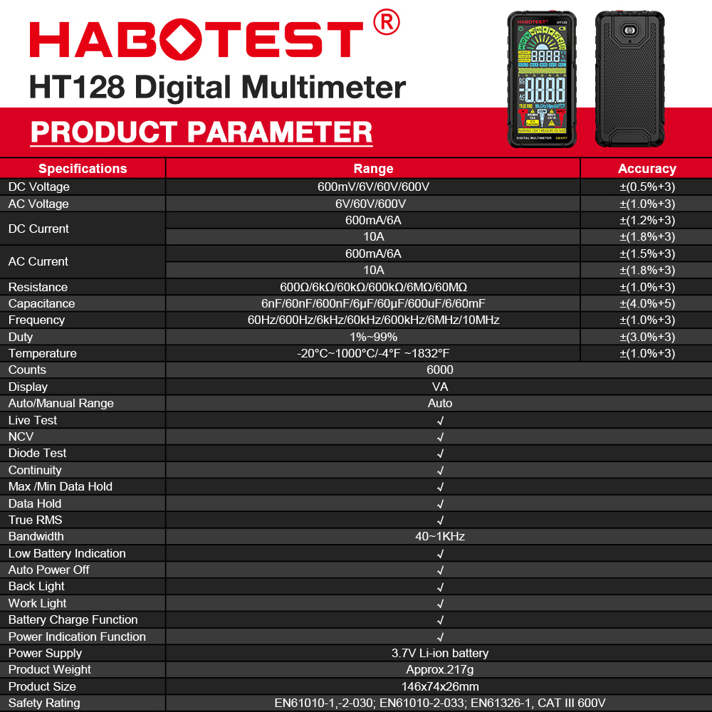 HABOTEST HT128 Digital Multimeter 6000 Counts Smart Measurement Auto-Ranging Voltmeter Voltage Tester with Non-Contact Voltage Function Measures AC/DC Voltage AC/DC Current Resistance Capactiance
