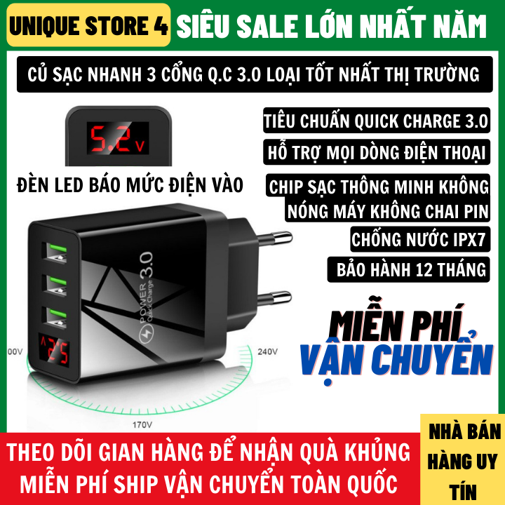 Củ Sạc Nhanh 3 Cổng Có Led Công Suất 20W Hiển Thị Dòng Điện Vào Hỗ Trợ Mọi
