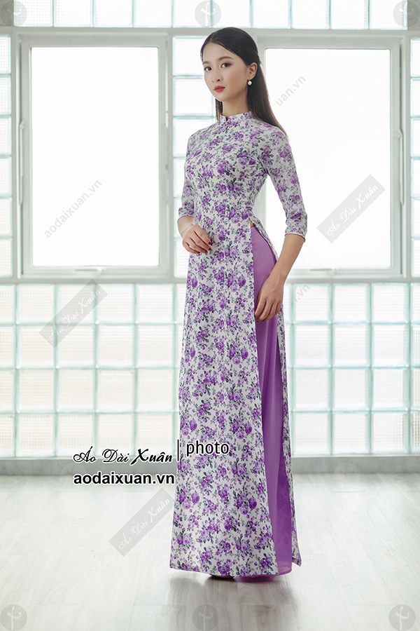 Áo dài lụa hoa nhí tím 200202