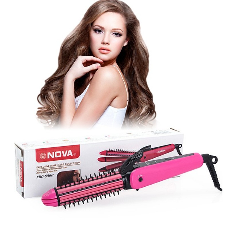 Lược điện uốn tóc + Máy Tạo Kiểu Tóc 3 Trong 1 Uốn - Duỗi - Bấm - Lược Điện Đa Năng Nova NHC - 8890 (3 In 1) cao cấp