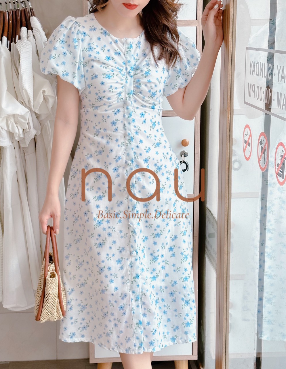 Đầm hoa nút bọc cổ tròn 3 màu