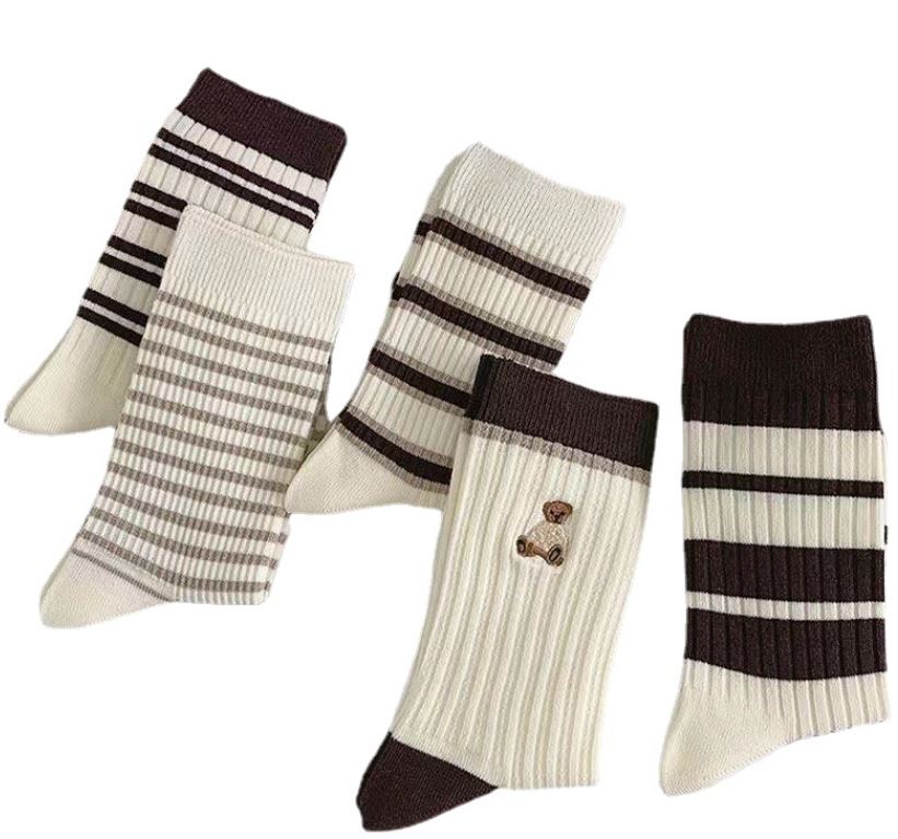Set 5 Đôi Tất Vớ Nữ Cao Cổ Mix Gấu Kẻ
