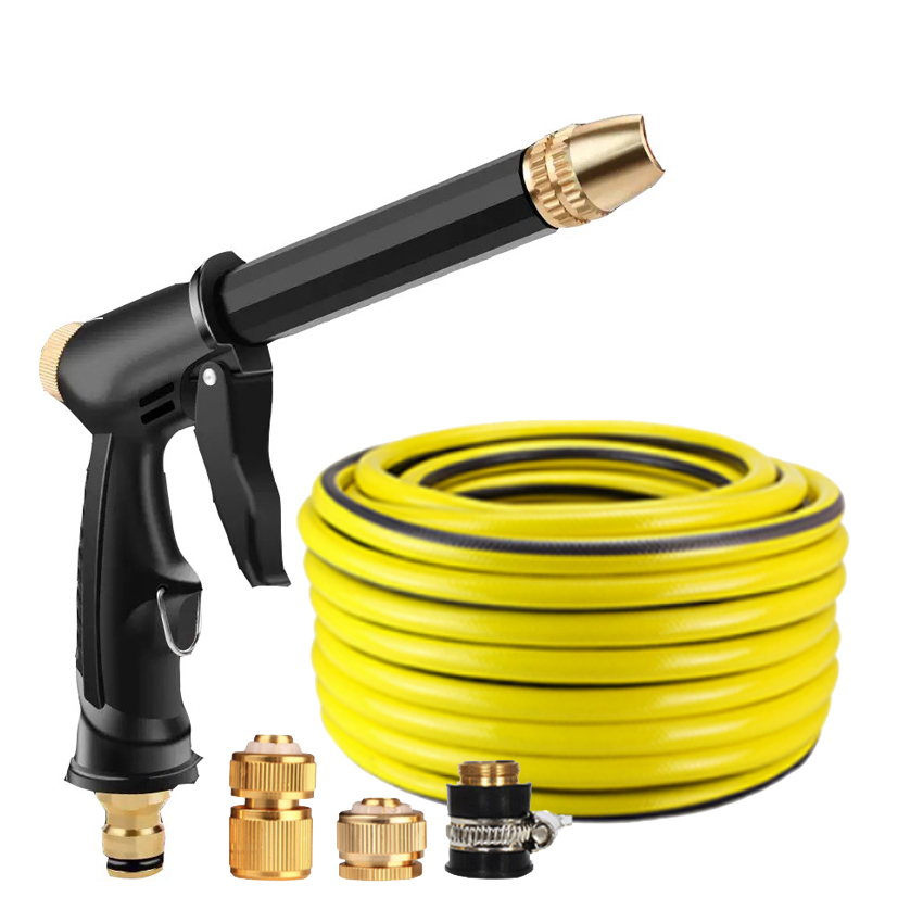 Bộ dây và vòi phun tăng áp, vòi xịt rửa xe, vòi tưới cây đa năng loại 10m 810-2498 (dây vàng- cút đồng)