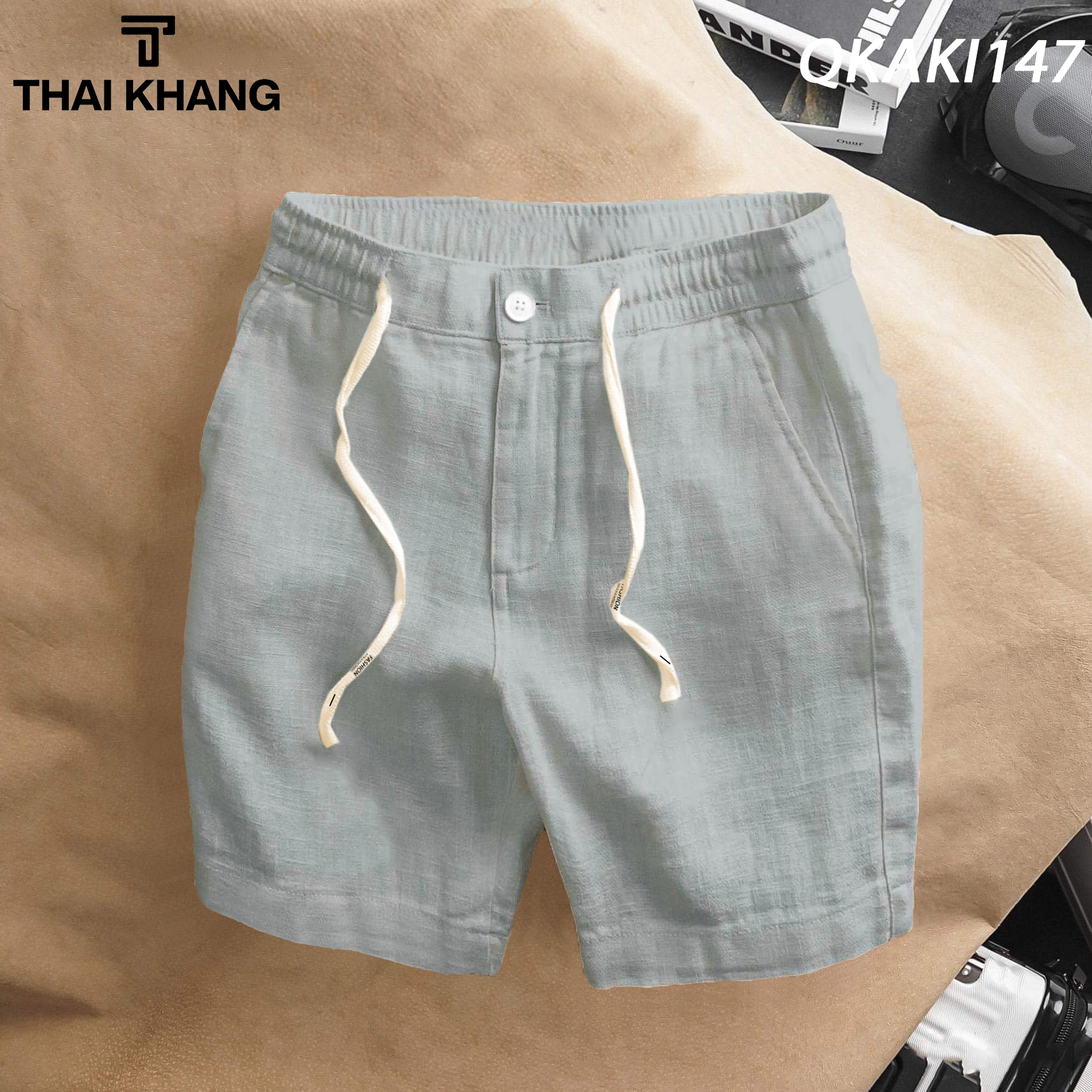 Quần short nam thái khang vải đũi lưng thun thoải mái dày mềm qkaki14