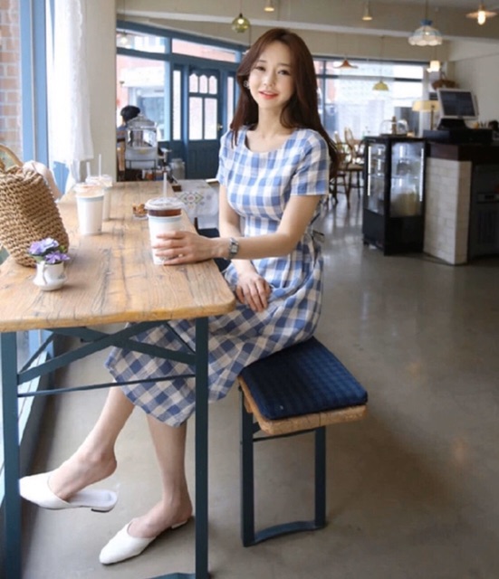 Đầm caro xanh form dài