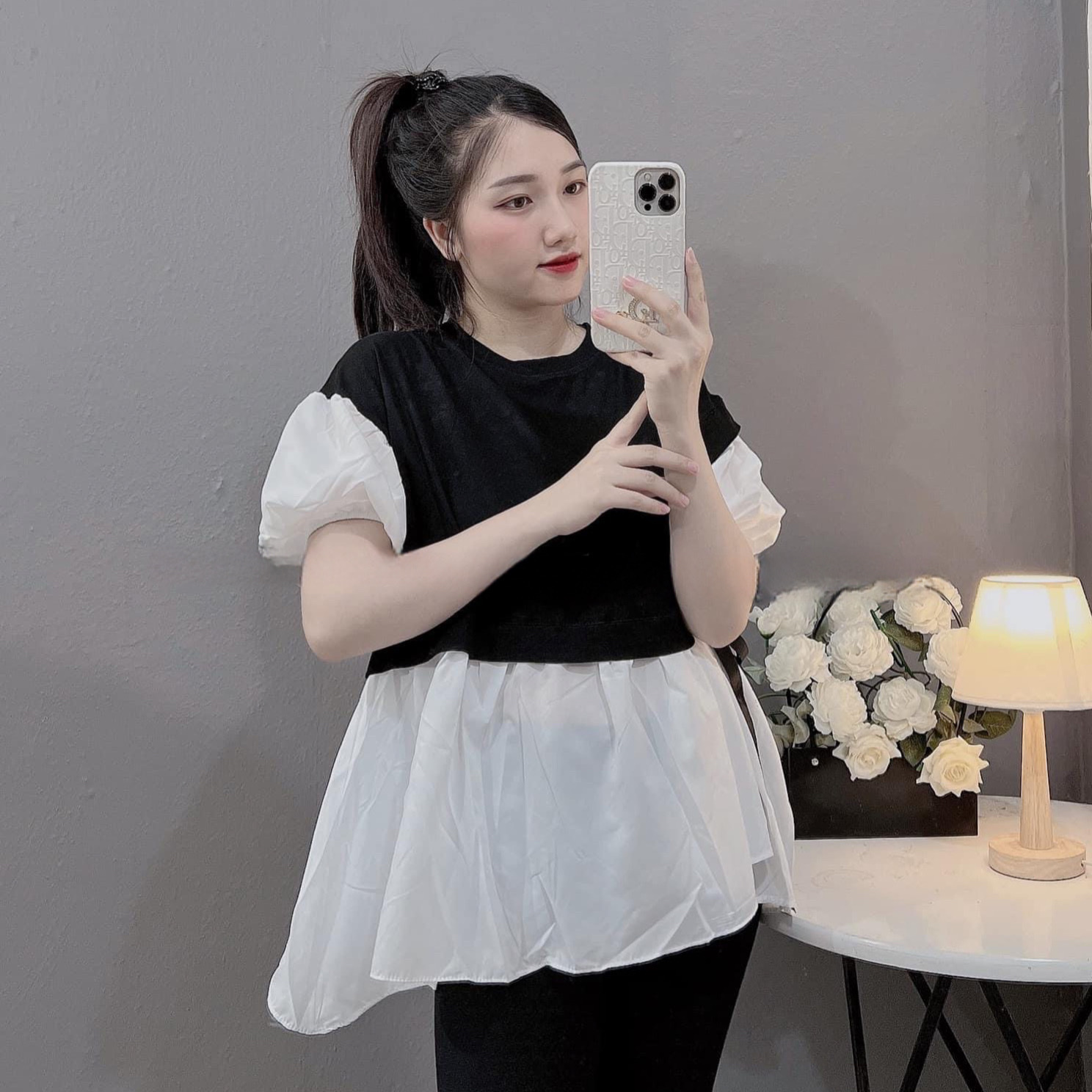 Áo bầu trắng đen công sở thắt nơ eo A091