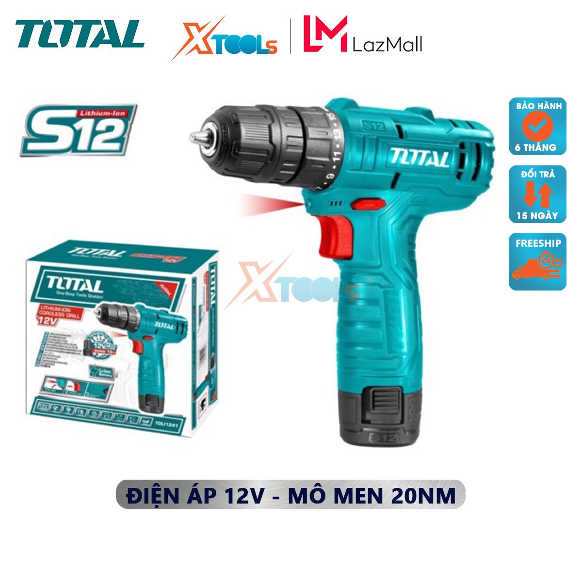 Drill battery total TDLI12415 lithium battery 12V, no-load speed 0-750 v/p, included 1 battery 1.5ah 1 charger, 1 nose screw 65mm