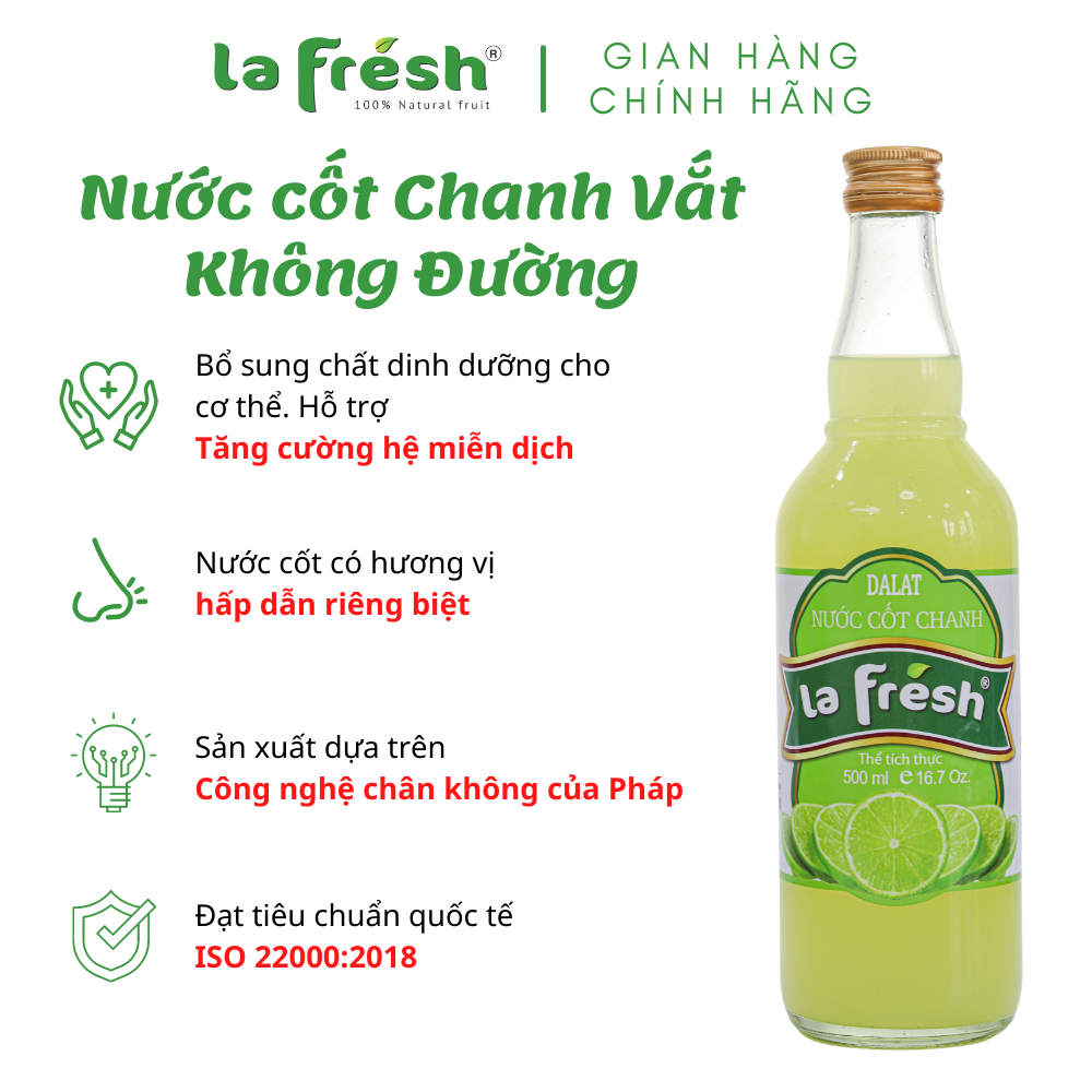 [HCM]Nước Cốt Chanh Vắt Không Đường Lafresh Đà Lạt 500ml