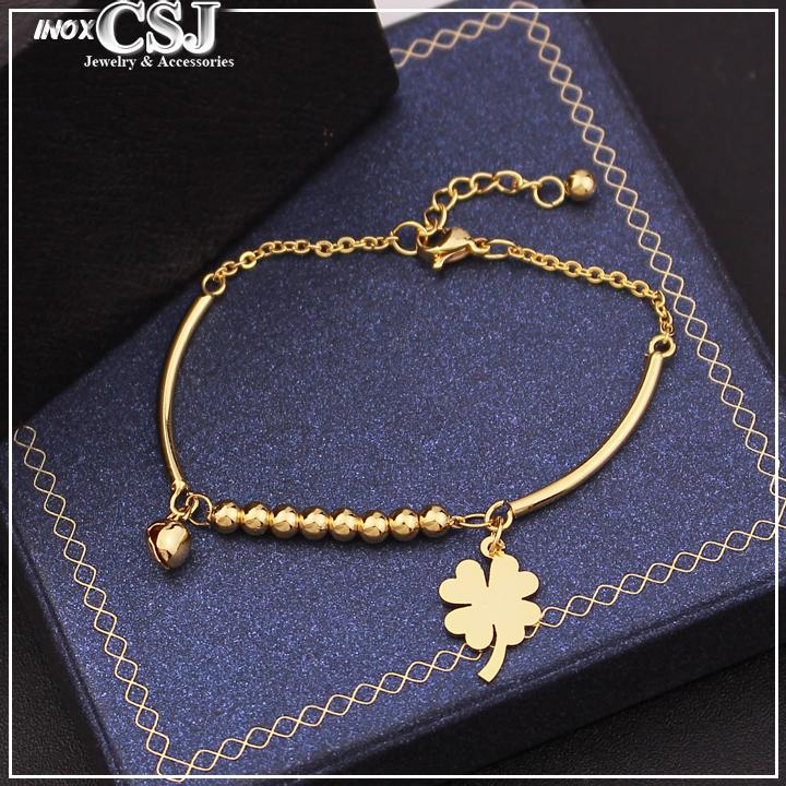 Lắc tay 3 trong 1 : bi, chuông, cỏ 4 lá mạ vàng cách điệu đẹp mà chất