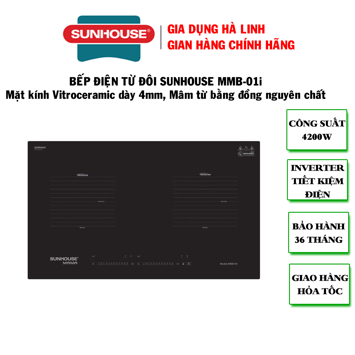 [Trả góp 0%]Bếp đôi điện từ Sunhouse Mama MMB-01I - Bếp từ đôi Sunhouse - Bếp điện từ đôi - Mặt kính Vitroceramic siêu bền, Công suất cao 4200W nấu nhanh , Bảng điều khiển cảm ứng thông minh, Bảo hành tại nhà 36 tháng