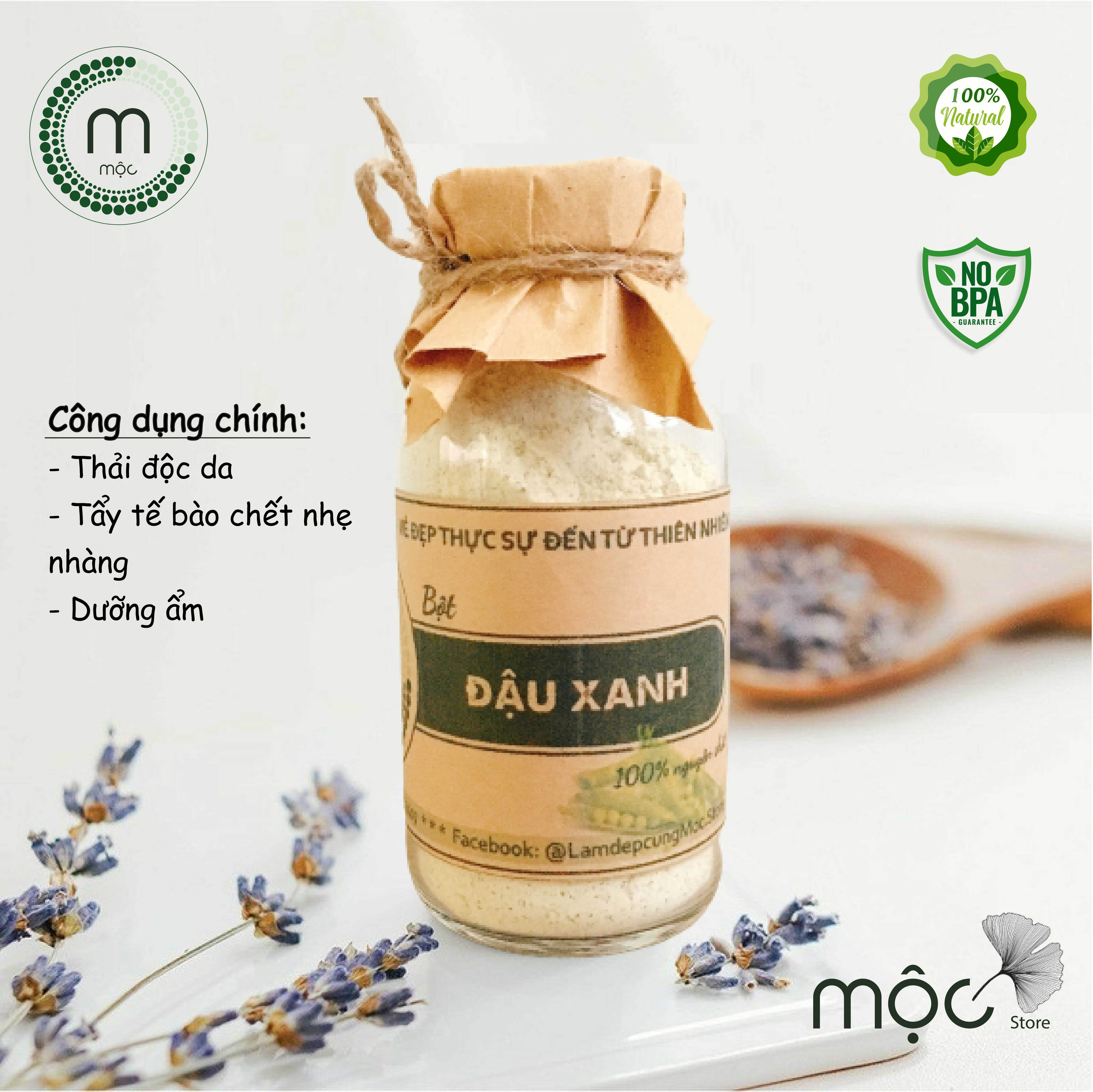 Bột đậu xanh nguyên chất đắp mặt nạ MỘC - làm mờ nám, tàn nhang, tẩy tế bào chết, giảm mụn túi dùng thử 10g, chai 100ml và 200ml handmade